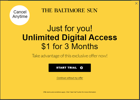 An example of an exit intent promotion offer from The Baltimore Sun
