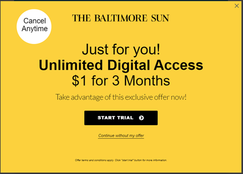 Un ejemplo de una oferta de promoción de intención de salida de The Baltimore Sun